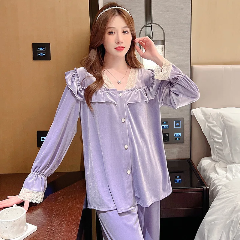 Spring and Summer New Gold Velvet Home Wear Pajamas Suit Ladies Princess Style Long Sleeve Trousers Suit Sweet Cute Loungewear