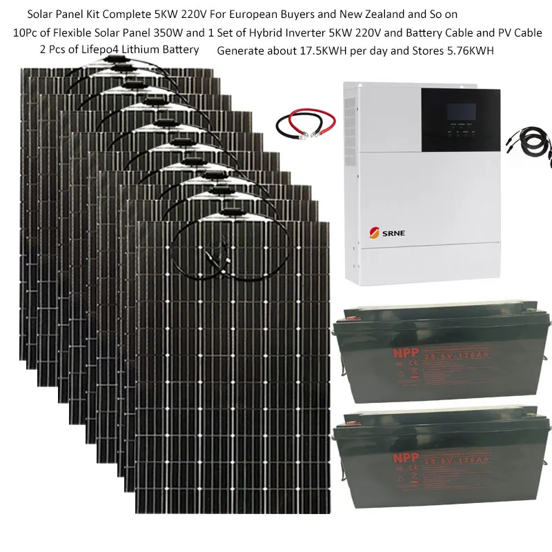 Flexible Solar Panel Kit Complet 5000W 220v 110V Lithium Lifepo4 Battery UPS Hybrid Inverte Off Grid System 4HP Home Farm House