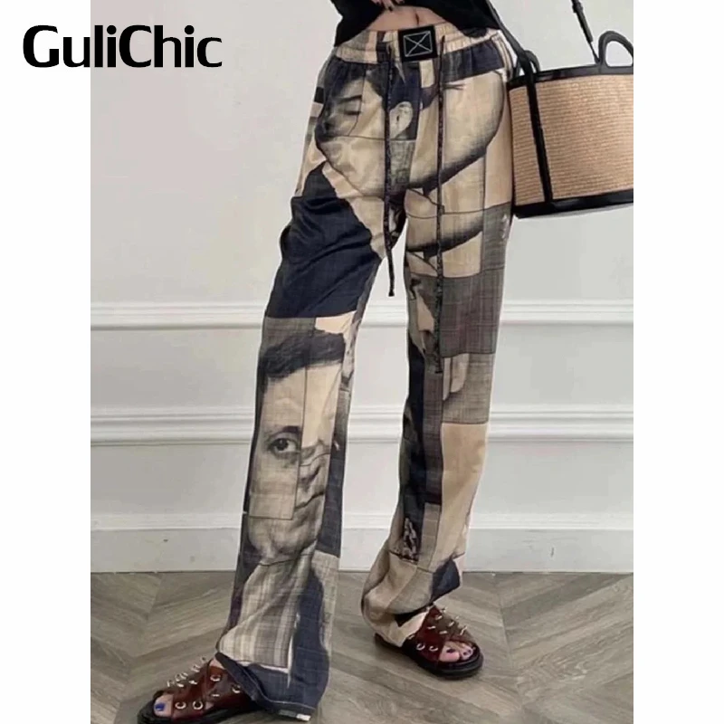 7.7 GuliChic Women Summer Casual Street Pattern Print Drawstring High Waist Straight Pants