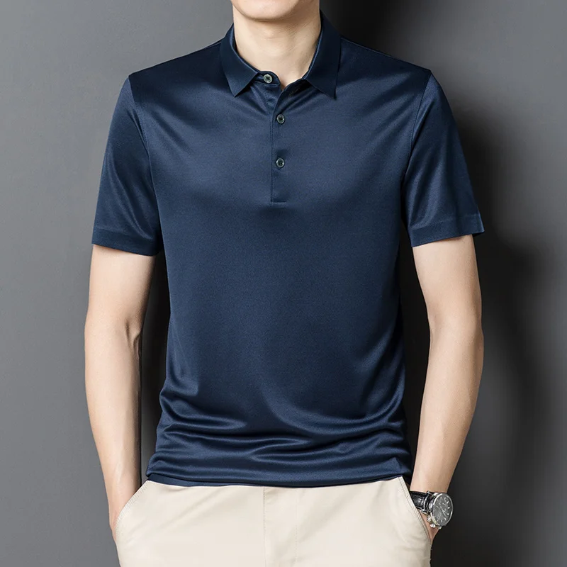 

High-End Men's T-shirt Mulberry Silk Acetate Blend Short-Sleeved Summer New Polo Collar Solid Color Casual Polo Shirt Men