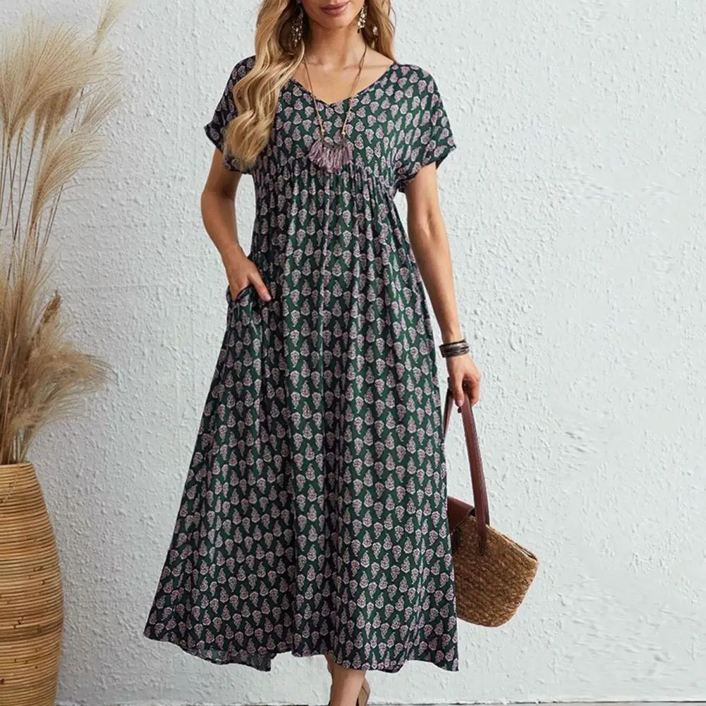 

Beautiful Summer Maxi Dress Print Short Sleeve Vintage Summer Maxi Dress Casual Lady Beach Dress Female Clothing
