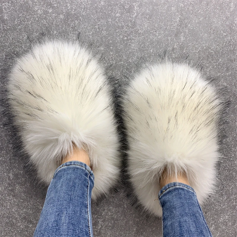 Spring Summer Women Plush Flat Shoes Outdoor Indoor Fashion Slippers Raccoon Fur Slides
