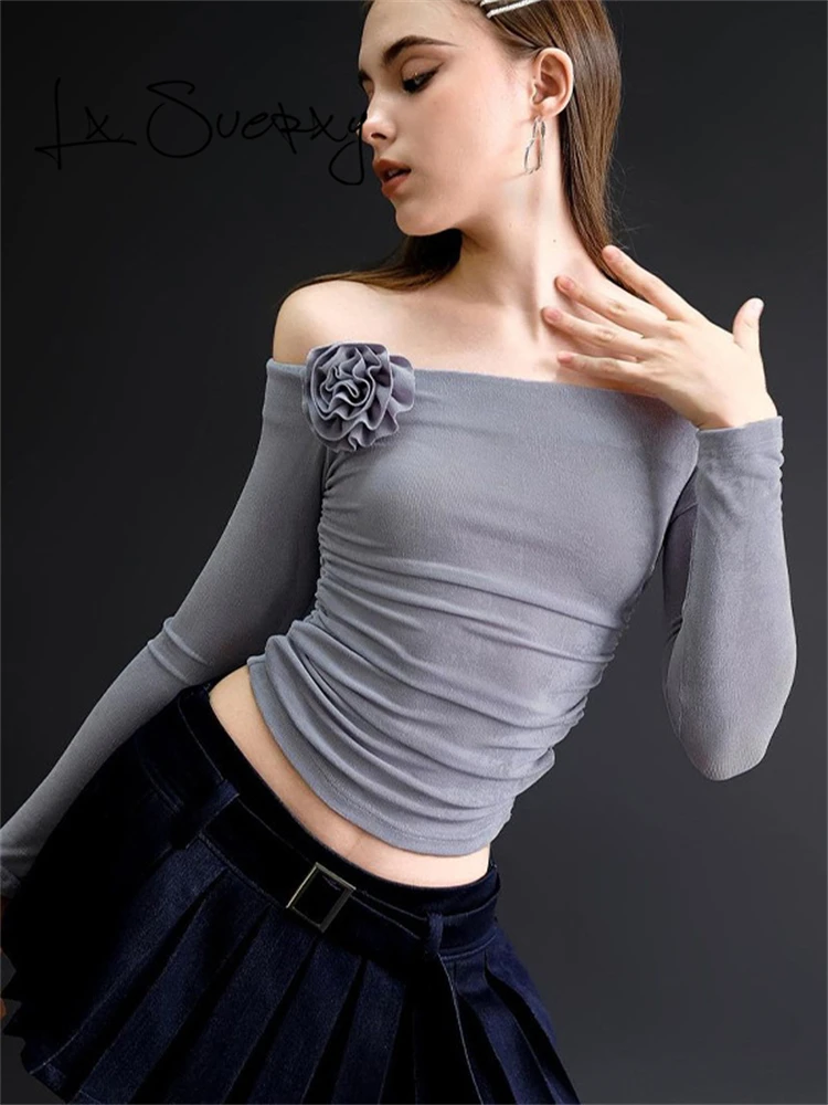 

Lx Suerxy Sexy Off Shoulder Y2k Slash Neck Women Cropped Corset Tops Summer Coquette Aesthetic Flower Long Sleeve Woman T-shirt