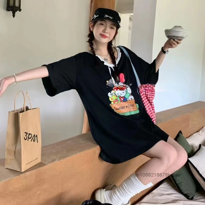 Женская летняя свободная футболка с принтом и кружевными краями