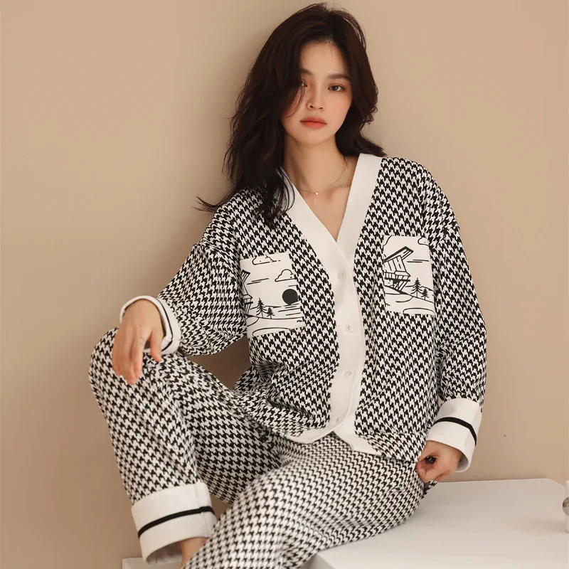 100% Cotton Pajamas for Worment Long Sleeve Top and Pants Set Sleepwear Comfortable Nightwear Female Homewear Loungewear