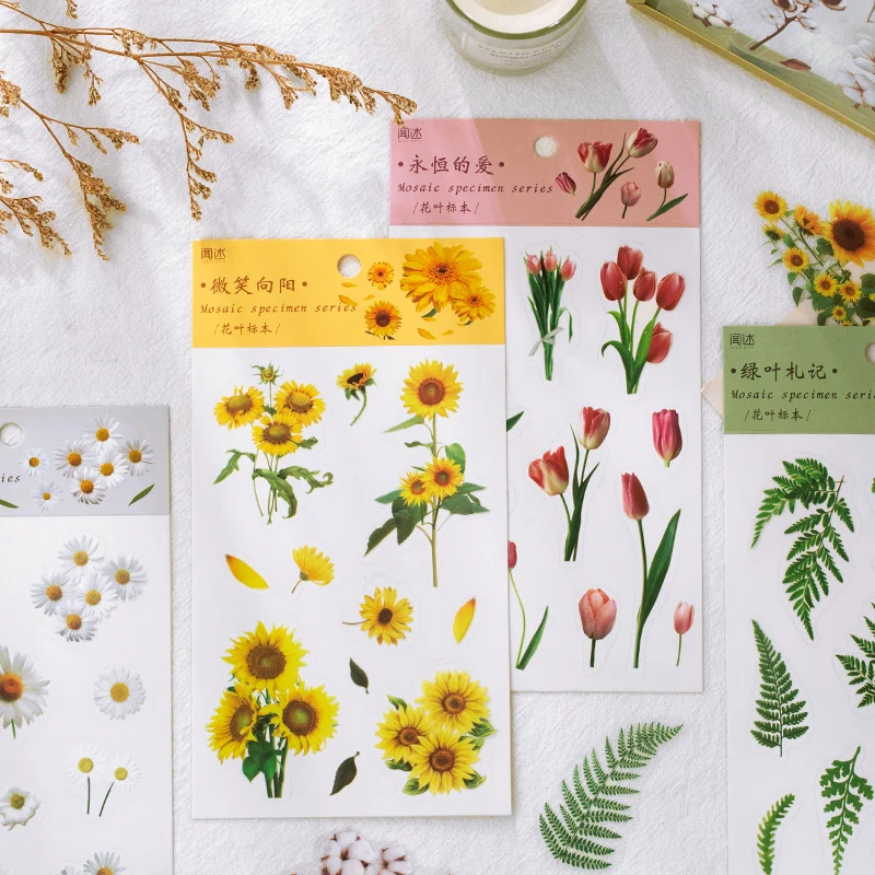 

30Packs Wholesale PET Paper stickers fresh plant leaf flower Material Pack account Handbook decorative seal Scrapbooking cut