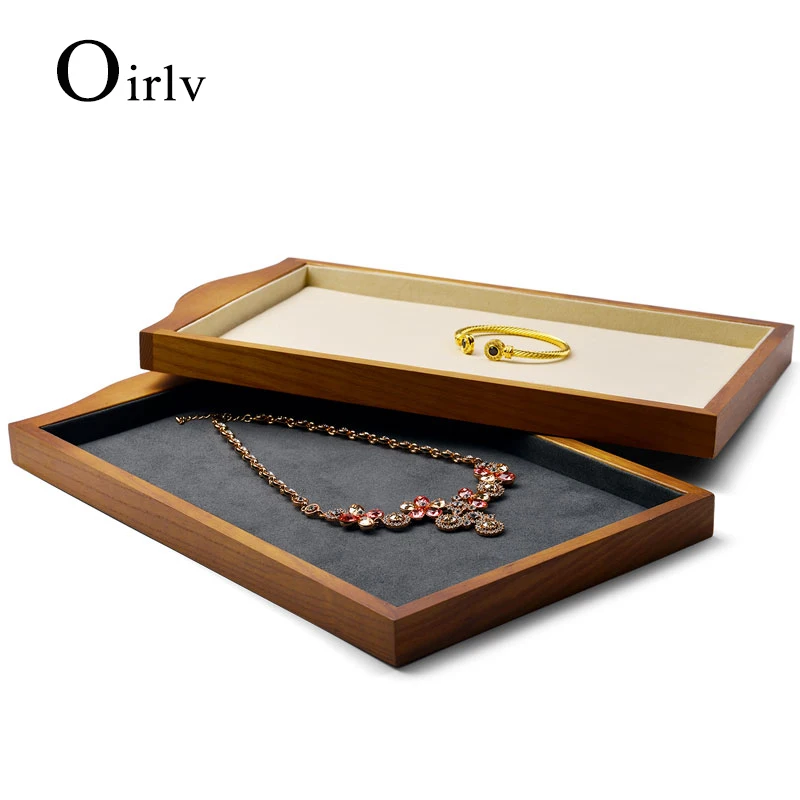 Oirlv Beige/Dark Gray Wooden Velvet Display Show Case Tray Necklace Pendant Decorative Tray for Jewelry