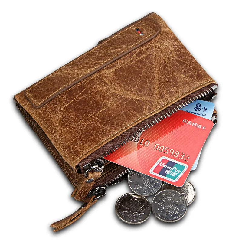 2023 Cowhide Genuine Leather Men Wallets Protected RFID Short Card Holder Vintage Coin Purse Double Zipper Male Pockect Purse