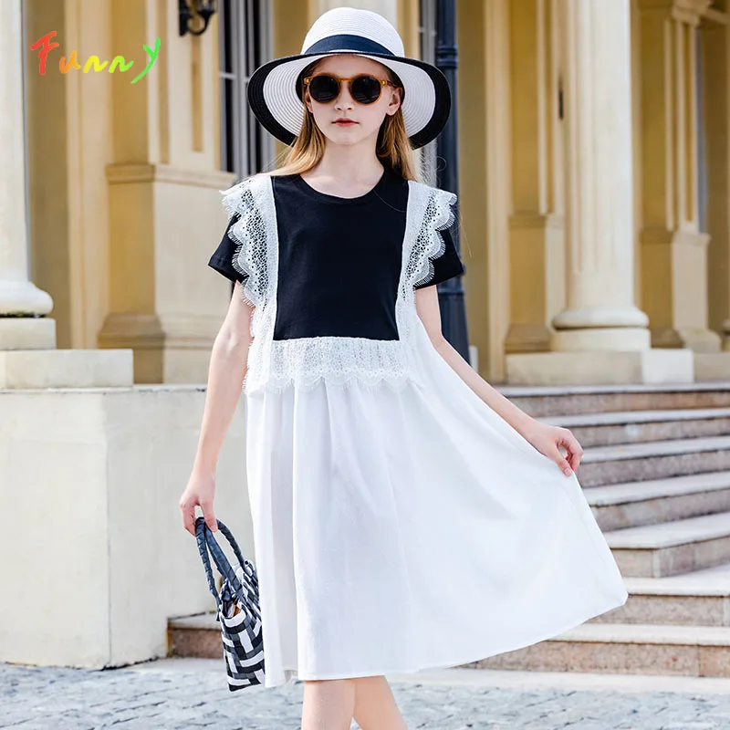 

Teen Girls Summer Dresses Black White Cotton Top Chiffon Skirt Patchwork Dress Short Sleeve Lace Children Clothes 2022