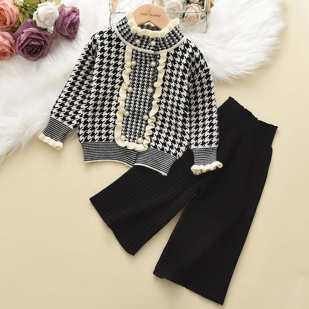 

Melario Kids Clothes Set Winter Kids Long Sleeve Plaid Lace Sweater Solid Color Straight Pants Two Piece Fashion Girls Outfits