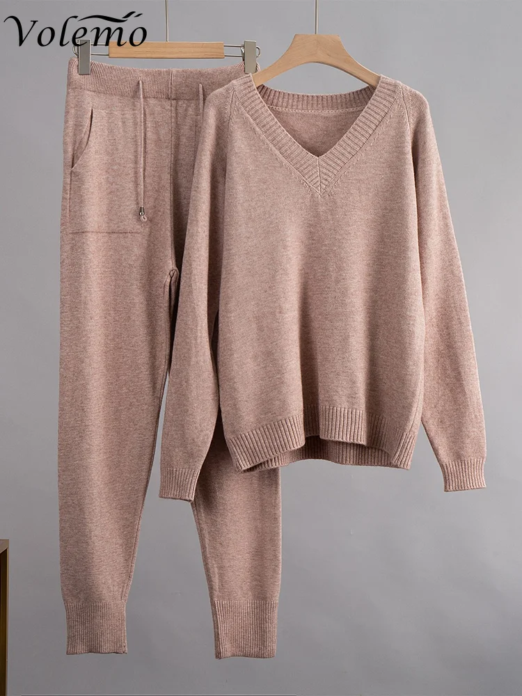 

Two Piece Women Knit Sport Suits V Neck Women Sweater Drawstring Harem Pants Jogging Pants Pullover Sweater Set Knitted Outwear