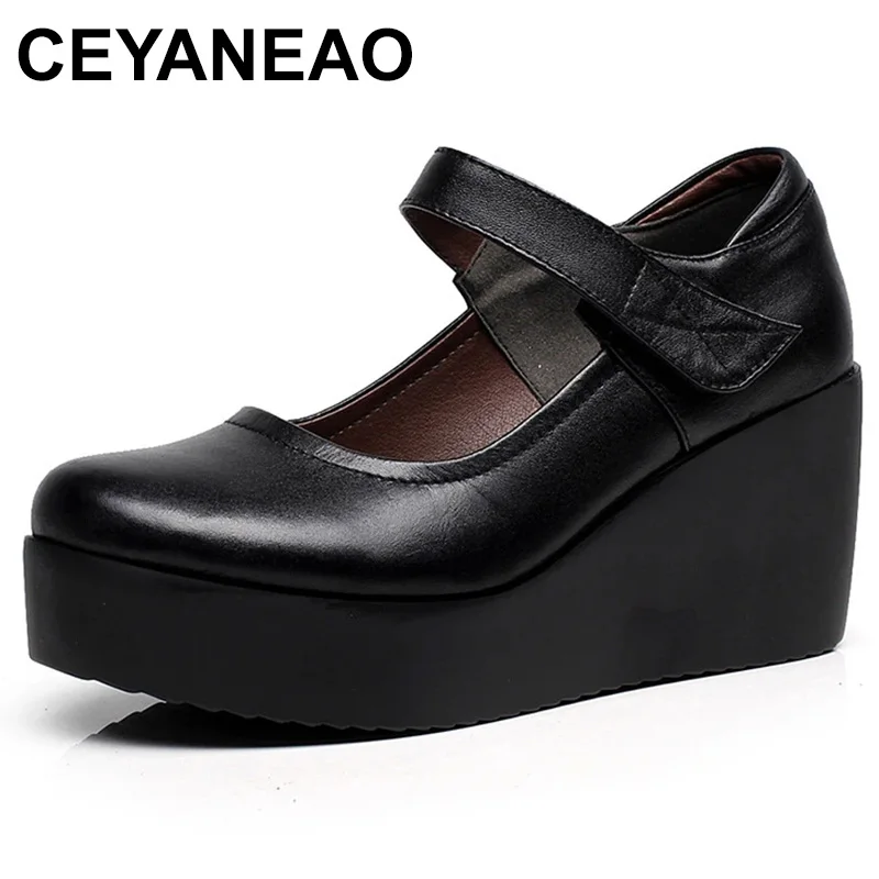 

Женские туфли-лодочки на танкетке, черные кожаные туфли на платформе и высоком каблуке с круглым носком, большой размер 33-43, для весны, 2023