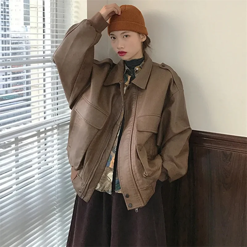 Новинка 2023 стильное винтажное кожаное пальто женская осенне-зимняя куртка в