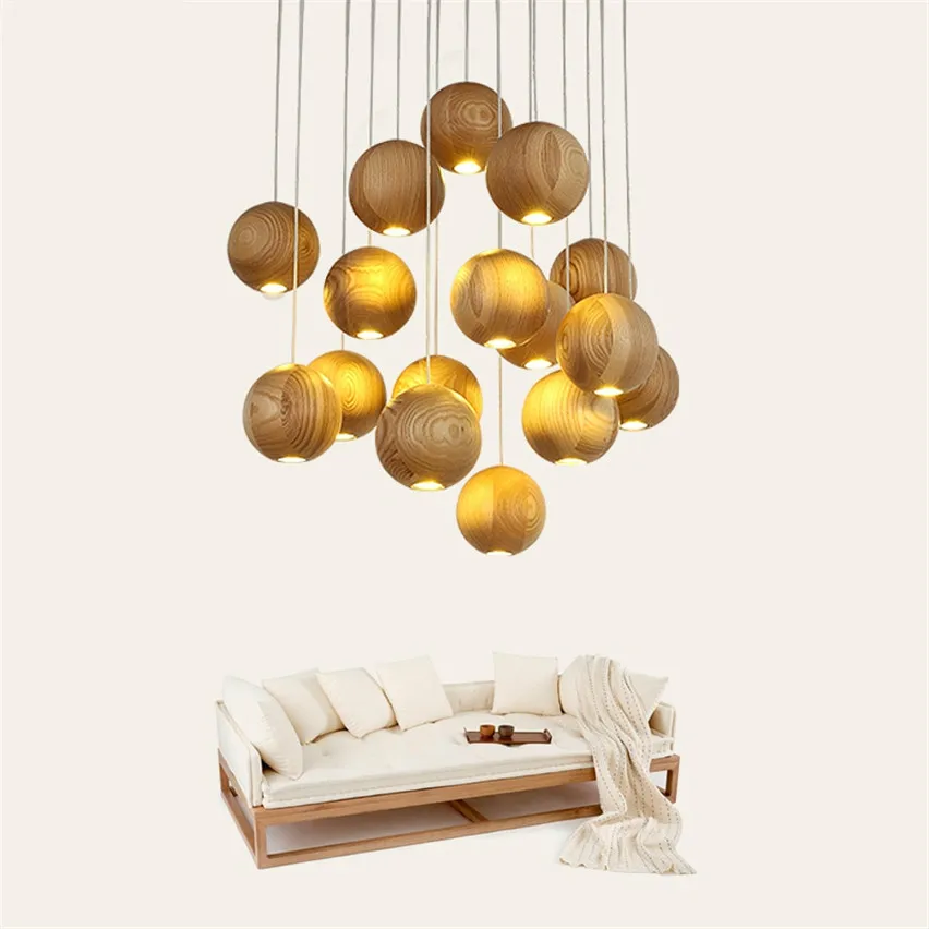 

Wooden Ball Pendant Lights American Vintage LED Nut Lamps Dining Room Restaurant Living Room Cafe Bar Hanging Decor Fixtures
