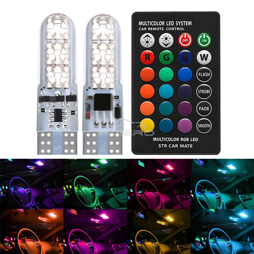 

2X T10 W5W 5050 6SMD RGB светодиодная лампа автомобильная атмосферная габаритная лампа для чтения дверей купольное внутреннее освещение с дистанционным управлением 12 В