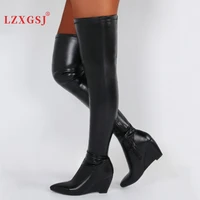 new black pu leather women knee high boots fashion wedge heels pointed toe large size ladies shoes female over the knee boots