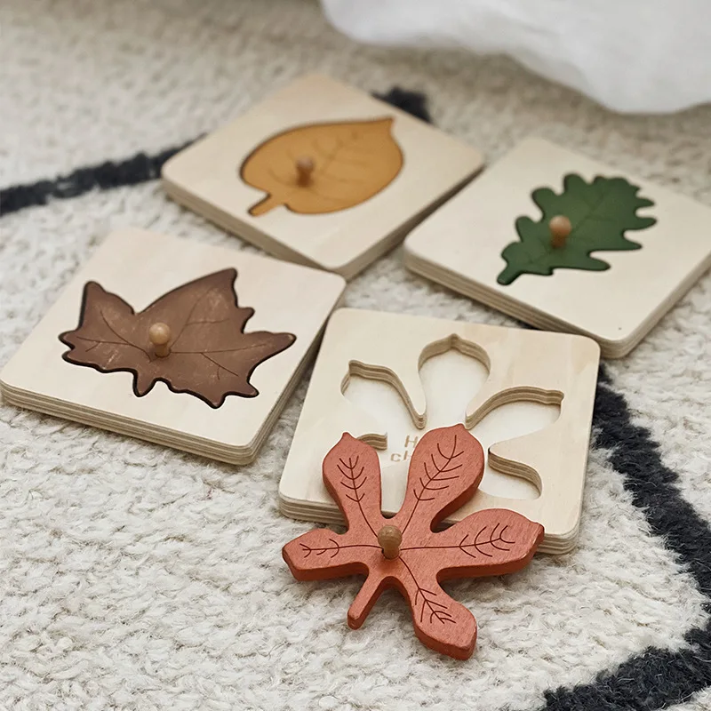 

Wooden Leaf Jigsaw Shape Fun Puzzles 4pcs with Holder Pack Montessori Educational Toys Learn Sorting & Stacking for Kids 2+