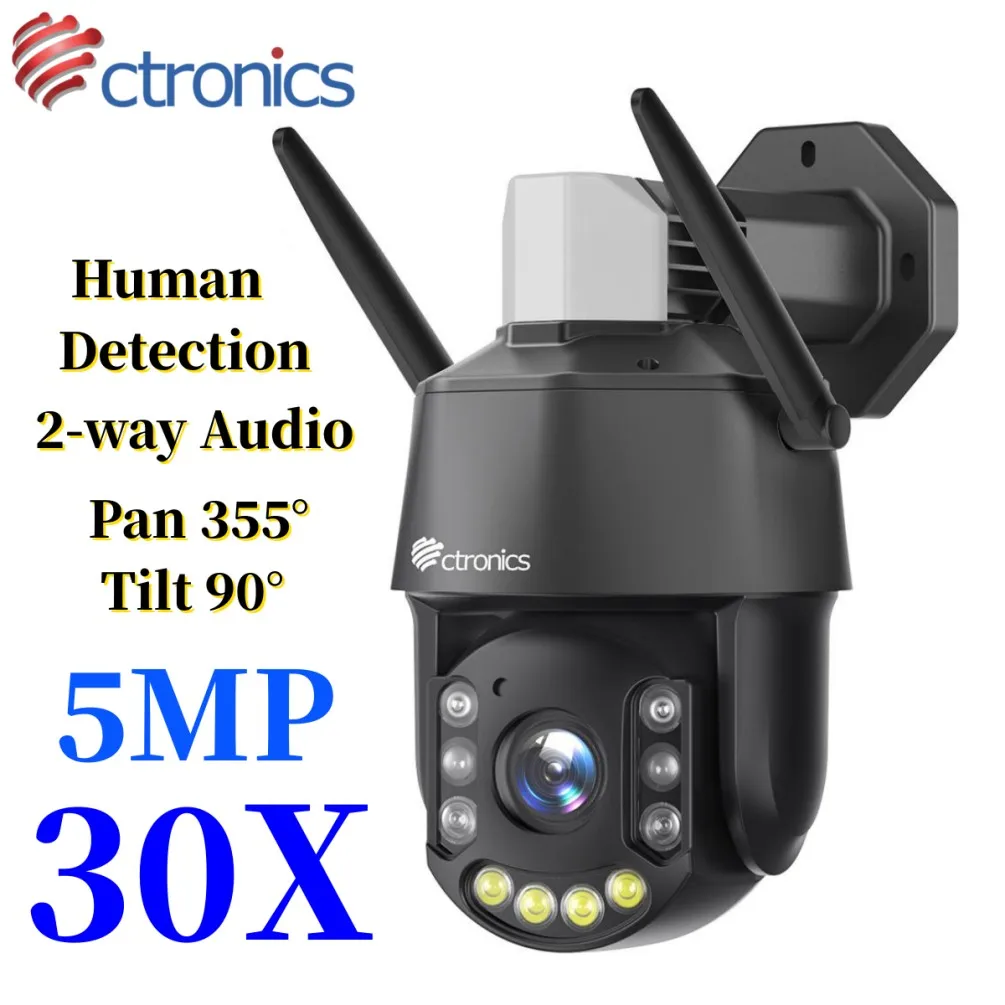 Ctronics 30X Optical Zoom Security Camera WiFi PTZ Outdoor 5MP CCTV Auto Tracking Human Detection IP Camera Color Night Vision