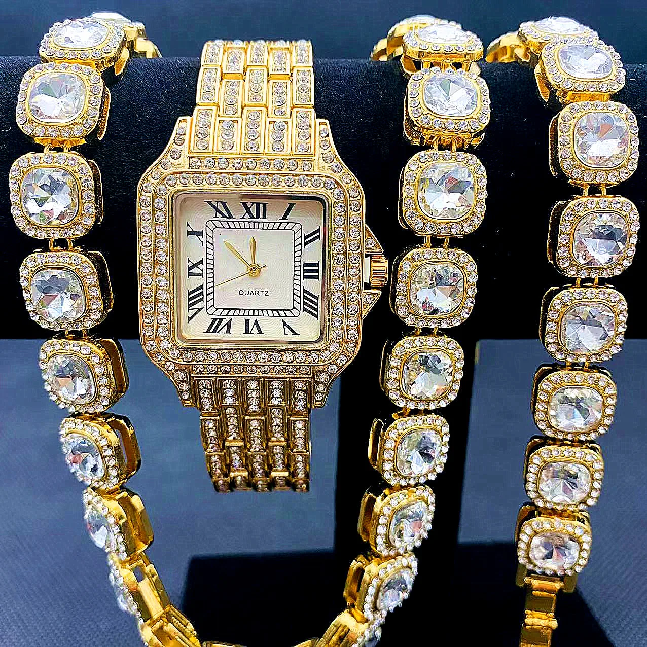 3PCS Luxury Iced Out Watches for Women Gold Watch Chains Bracelet Necklaces Bling Bling Jewelry for Women Simple Watch Relojes