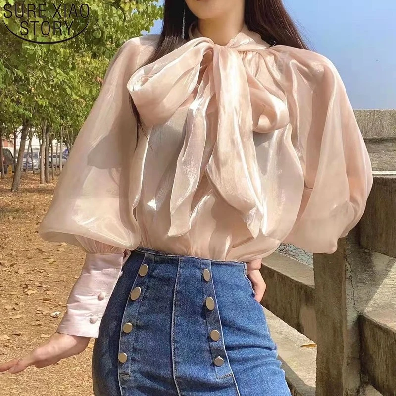 

French Style Bow Blouse Women Tops Female Chic Long Puff Sleeve Shirt Elegant Loose Blouse Autumn Casaul Clothes Blusas 17596