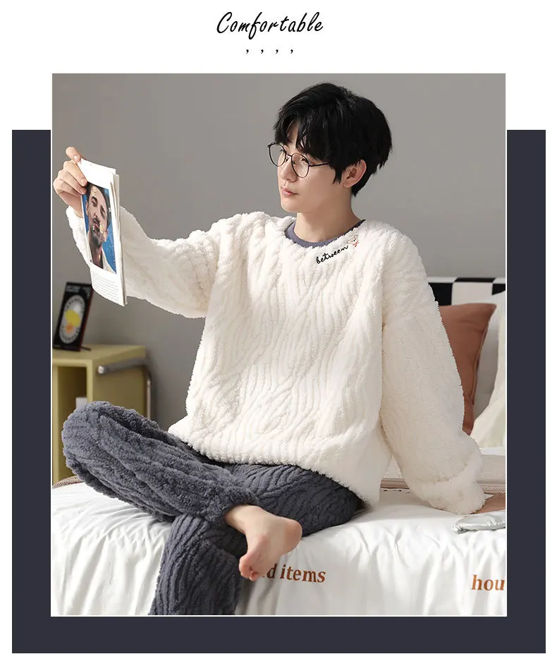 Yasuk Winter Fashion Women's Men Casual Warm Soft Stripe Pullover Sleepwear Pajamas With Pants Velvet Fleecel Couple Unisex Bear