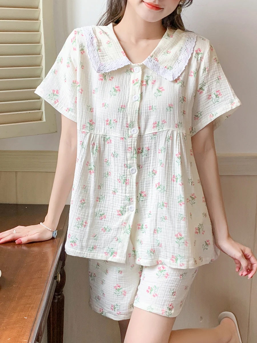 Pastoral floral doll collar short-sleeved shorts pajamas women's summer thin cotton gauze cardigan home service suit
