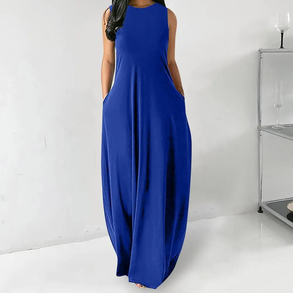 

Платье-Макси женское с двумя карманами, стильное свободное однотонное платье с круглым вырезом и боковыми карманами, с завышенной талией, уличная одежда