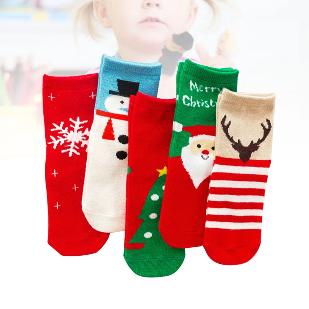 

5 Pairs Kids Christmas Socks Cotton Autumn Winter Warm Socks Santa Snowman Elk Stockings for Children Toddler 12- 14cm 1- 3