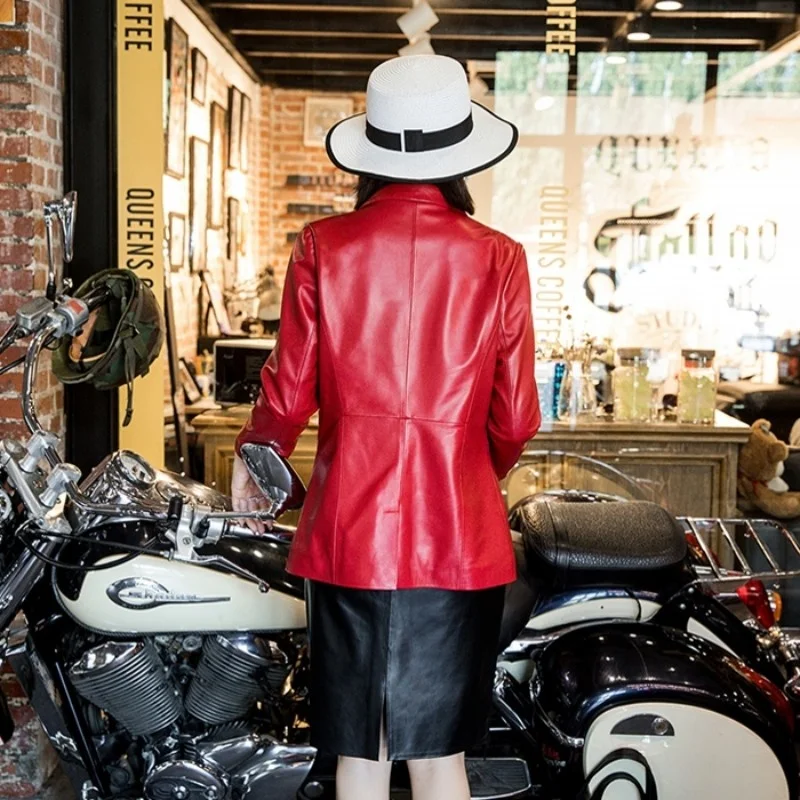 Женский пиджак из натуральной овечьей шкуры красный офисный 100% кожи короткая