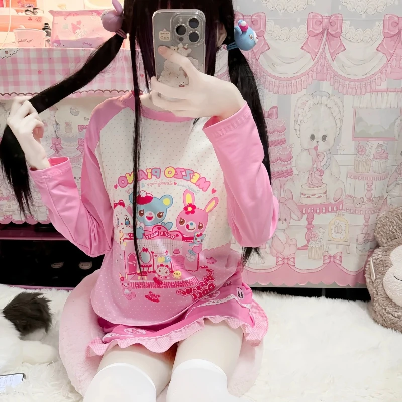 Фото Футболки HOUZHOU в стиле Kawaii Juminocore для женщин, Y2k Cutecore, в горошек, с длинным рукавом, в японском стиле, милые эстетичные облегающие топы №5