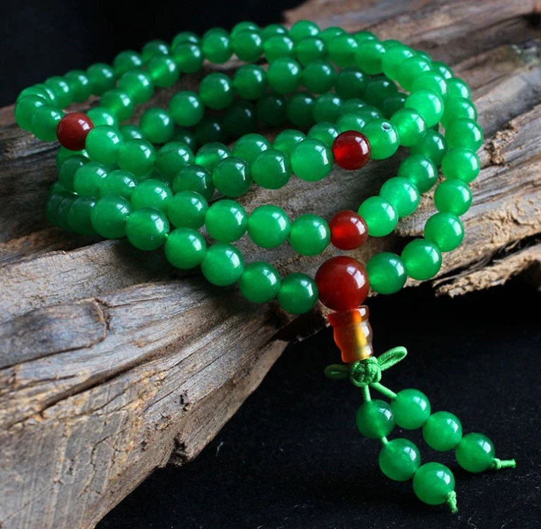 

Natural green agate crystal bracelet, crystal chalcedony bead chain, men's and women's crystal bracelets, 108 beads chain rosary