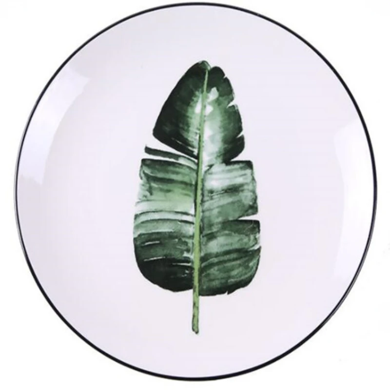 

Керамические тарелки с зелеными растениями, 8 дюймов, фарфоровая десертная тарелка, блюдо из бычьей глины, посуда для еды, керамическая посуда, 1 шт.