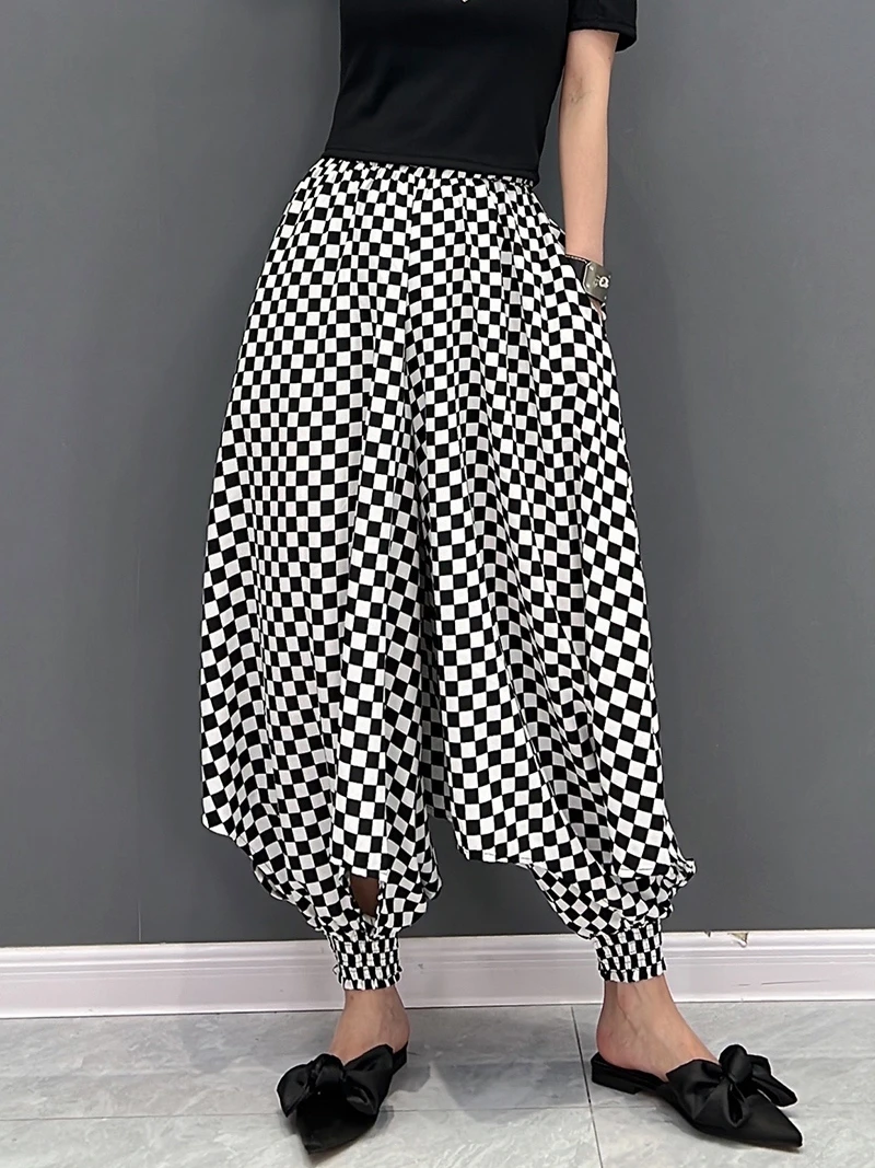 

SuperAen 2022 Summer New Fashion Casual High Waist Loose Slim Plaid Harem Pants Women Full Length