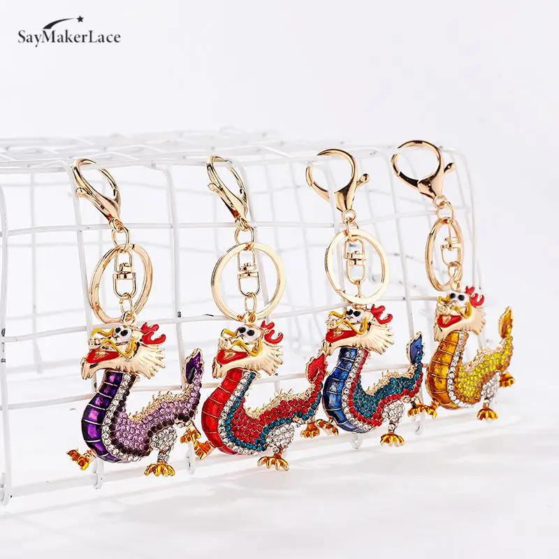 

New Cartoon Rhinestone Chinese Zodiac Dragon Creative Pendant Keychain Women Men Bag Decoration Accessories Gift