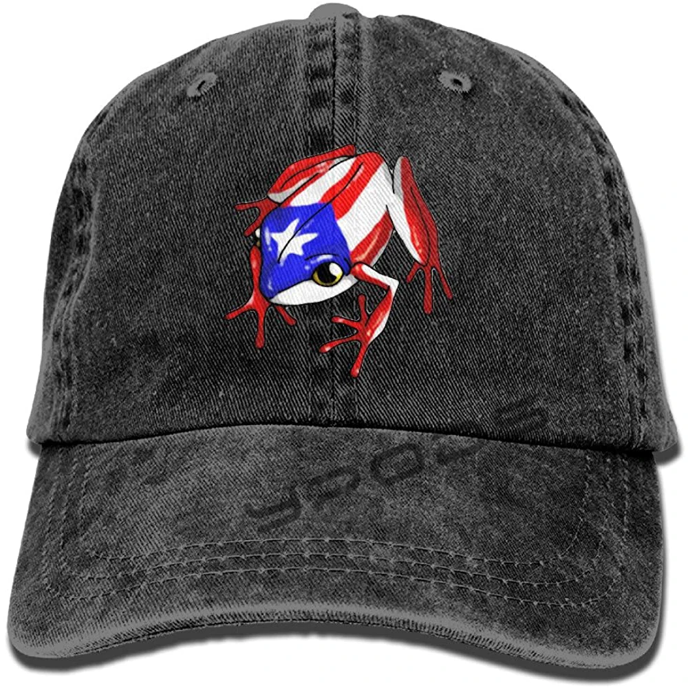 

Men's Caps Yuer Ley Men&Women Puerto Rico Flag Frog Adjustable Vintage Washed Denim Cotton Dad Hat Baseball Hat Navy