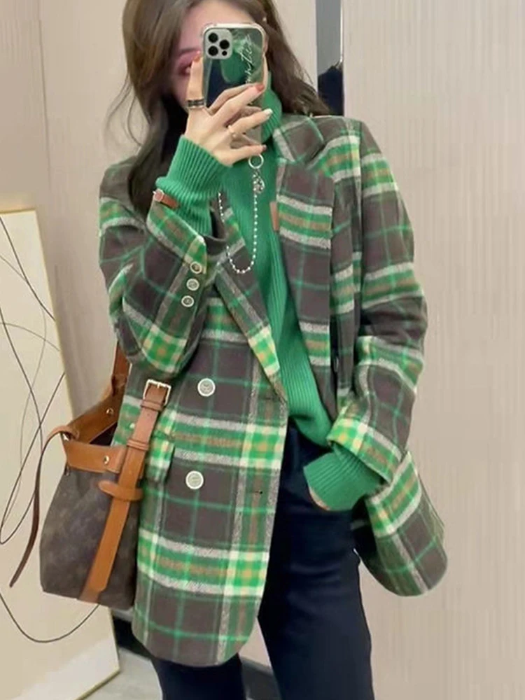 

Woolen Quilted Padded Blazer Jacket Women's Autumn Winter 2022 Plaid Matching Loose Temperament Wool Coat