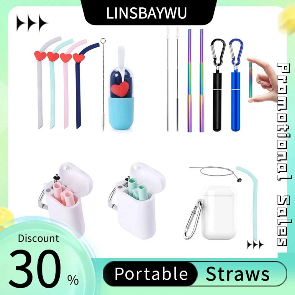 

LINSBAYWU Collapsible Silicone Straw Travel Portable Reusable Drinking Straw With Flexible Cleaning Brush Protector Box Bar Tool