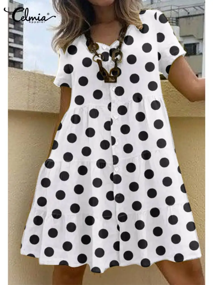 

Летнее мини-платье в горошек Celmia, женские пляжные платья 2022 с коротким рукавом и V-образным вырезом, повседневные свободные плиссированные х...