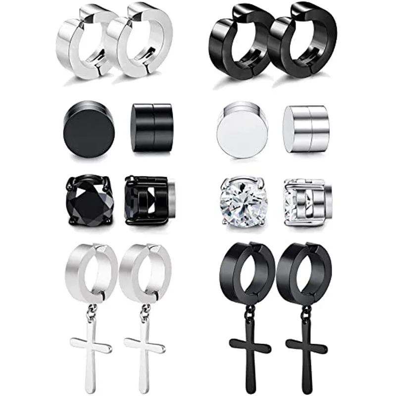 WKOUD 8 Pairs Magnetic Ear Clip Set Men And Women Stainless Steel Ring Cross Non-Perforated Fake Gauge Earrings Hypoallergenic