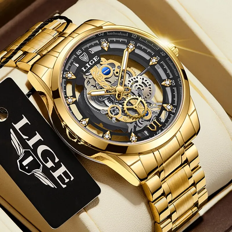 New Men Watch Skeleton Quartz Wristwatch Gold Skeleton Retro Man Watch Top Brand Luxury Clock Mens Watches Reloj Hombre