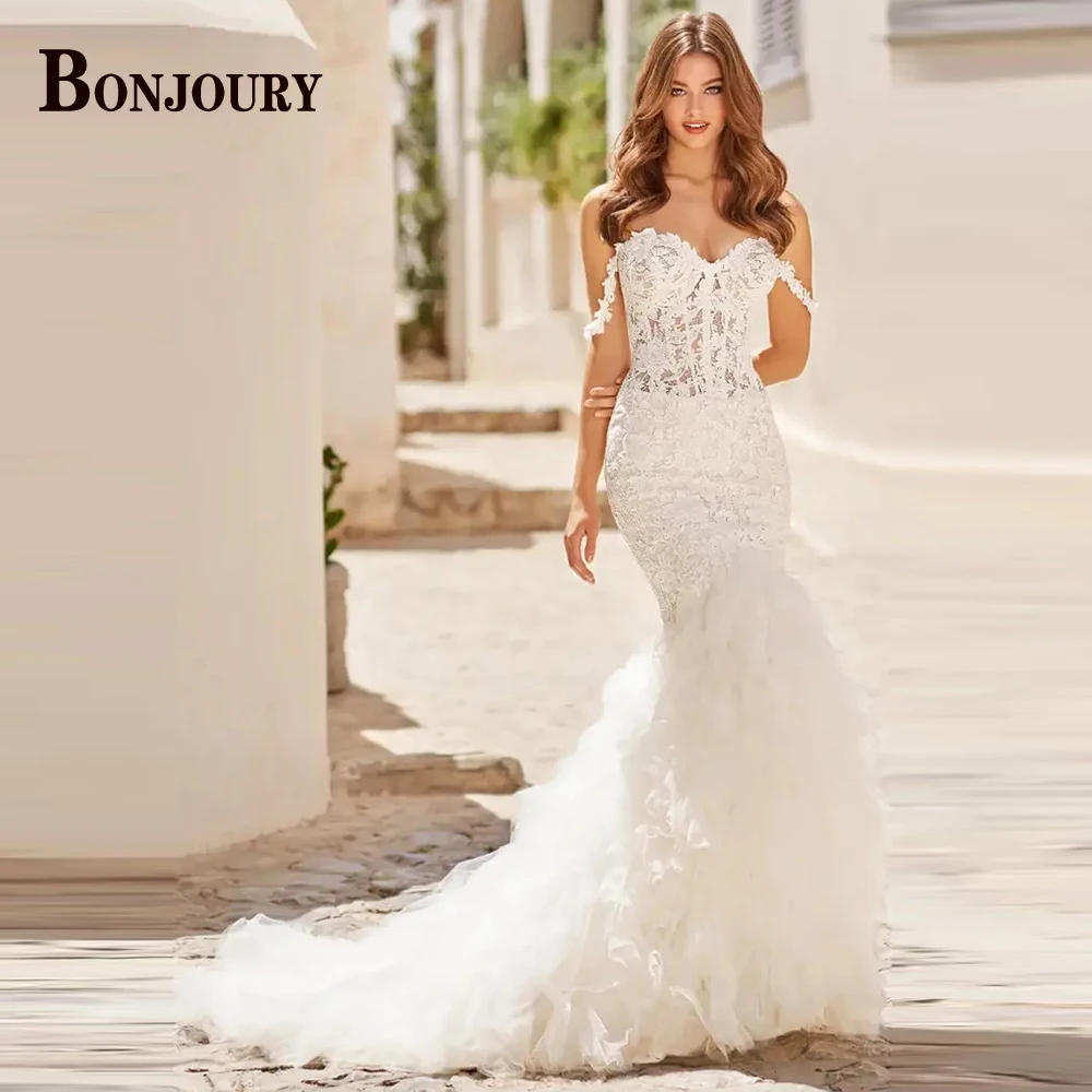 

Привлекательное свадебное платье BONJOURY Mernaid с открытыми плечами 2023 для женщин, свадебные платья для невесты с аппликацией, Сделано на заказ, официальное