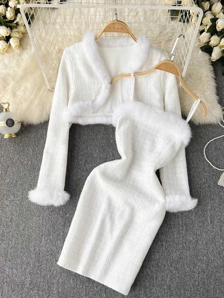 FTLZZ Autumn Winter Women Two Piece Sets Long Sleeve Fur Short Coat and Sexy Spaghetti Strap Bodycon Dress Lady Party Suits