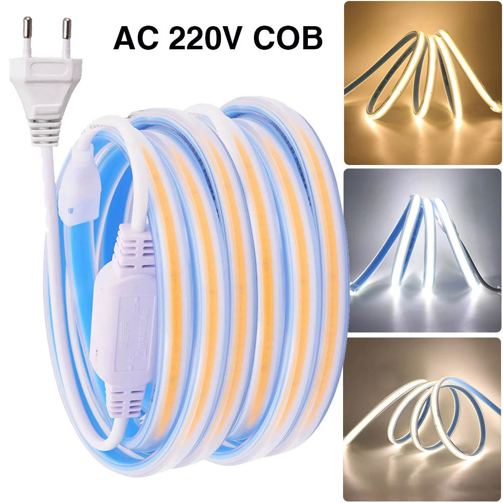 COB Strip AC 220V Waterproof 280Leds/m Natural/Warm/Cool White Living Roon Outdoor Garden Decor Flexible Ribbon Tape LED Strip