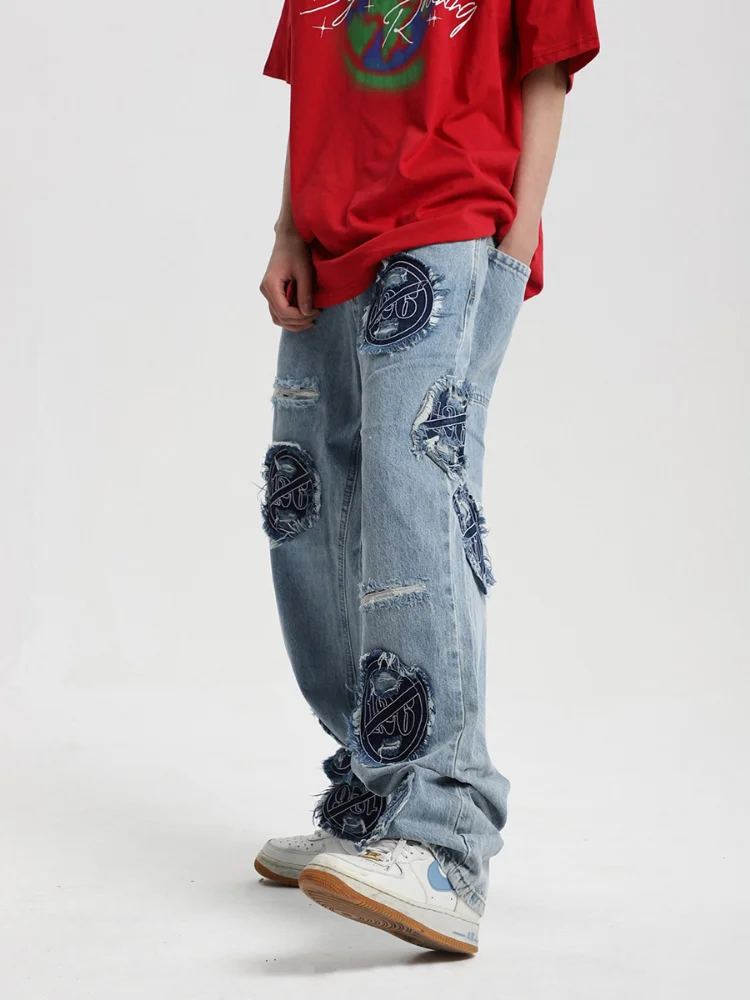 Four Seasons American Retro Washed Distressed Embroidered Patch Ripped Jeans High Street Fashion Streetwear Men's Ins Hot Sale