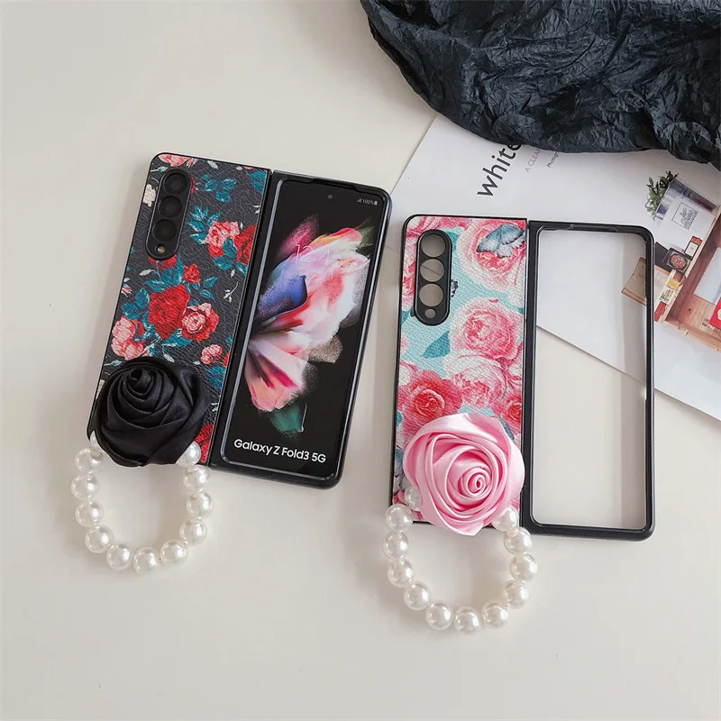 

3D Rose Pearl Bracelet Phone Case for Samsung Galaxy Z Fold 3 Z Fold 4 Hard PC Back Cover for ZFold3 ZFold4 Case Shell