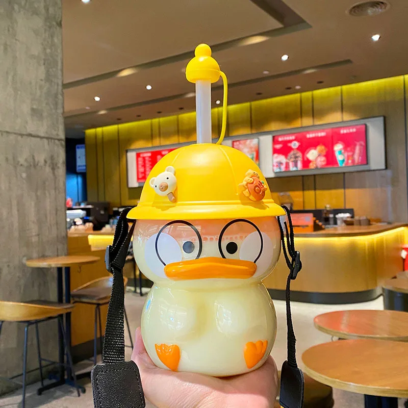 

1200ml Large Capacity Duck Straw Cup Girl Cute Portable Milk Tea Plastic Water Cartoon Creative Children Milk Carton Bottle