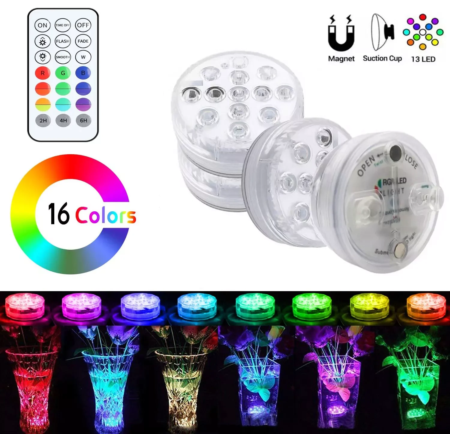 

Upgrade 13 LED RGB Submersible Light With Magnet and Suction Cup Swimming Pool Lights Underwater Led Light Night for Pond