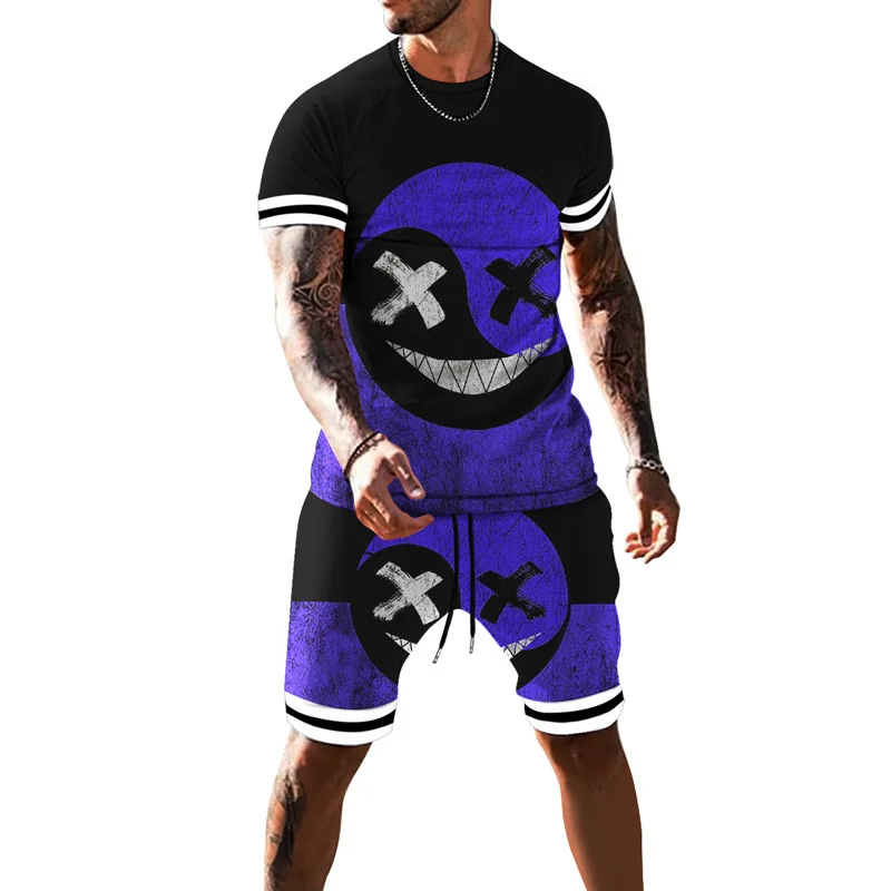 

Summer Men's Short Sleeve T-shirt+Sports Shorts Suit Men Sportswear Hip-hop Smiley Printed Workout Jogging Sports Sets XXS-6XL