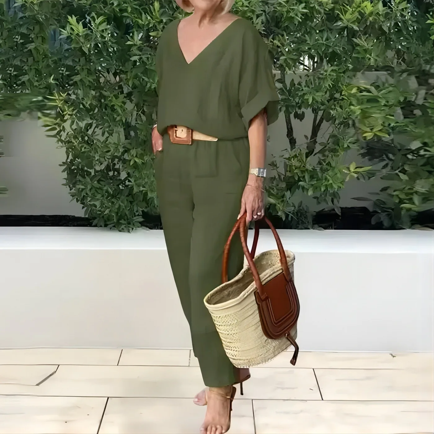 Женский свободный костюм из 2 предметов повседневный разноцветный хлопка и льна