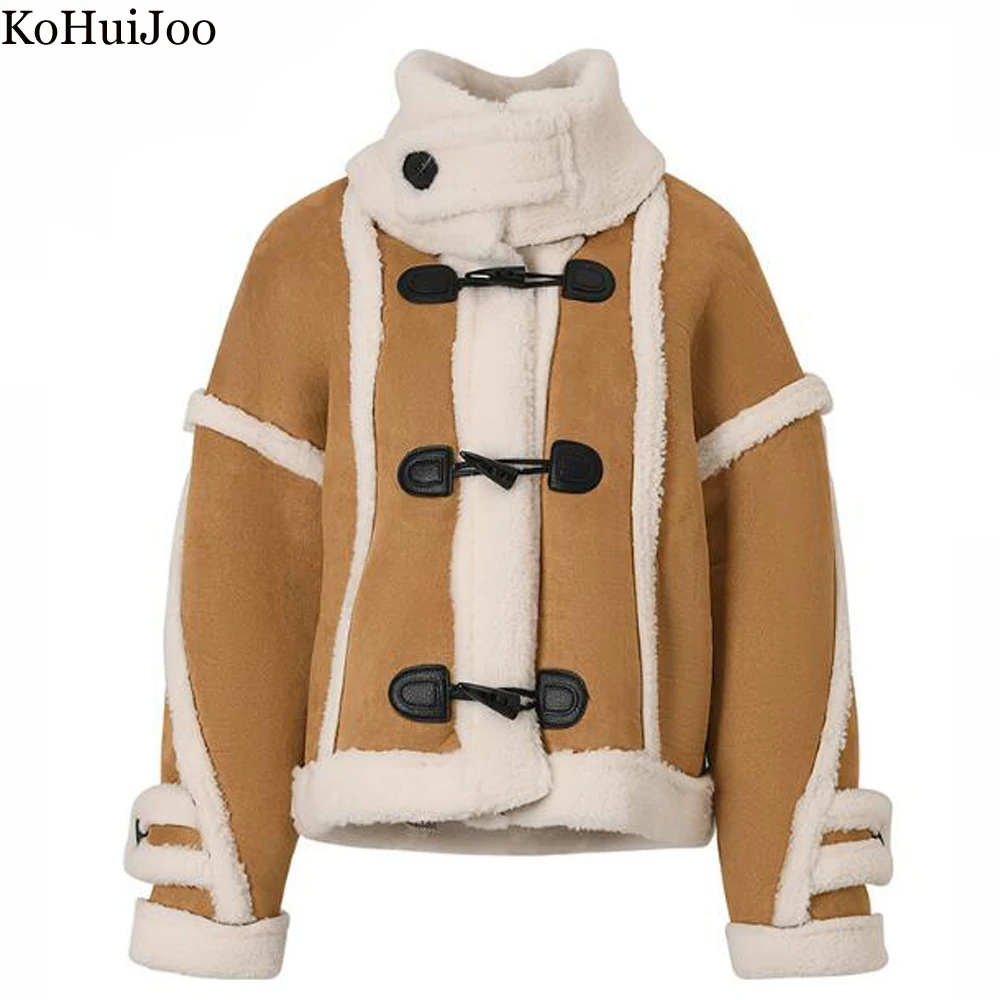 

Новинка 2022, зимняя верхняя одежда KoHuiJoo из овечьей шерсти, женское замшевое модное свободное плотное пальто с хлопковой подкладкой и воротни...